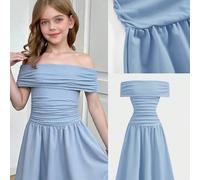 Abito lungo elegante da ragazza pre-adolescente in maglia rosa con patchwork, monospalla, spalle scoperte e arricciature, adatto per il ritorno a scuola/feste, compleanni, balli e altre occasioni. 8Y,