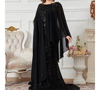 Abito lungo elegante da sera, da festa, da ospite di matrimonio, abito formale, in chiffon, con patchwork con paillettes, ricamo di perline, maniche a mantella a girocollo, vita segnata, taglio casual