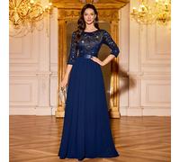 Abito lungo elegante da sera in chiffon con scollo rotondo, frange asimmetriche, orlo plissettato, decorato con paillettes e pizzo floreale, adatto per cerimonie, eventi formali, balli, matrimoni, lau