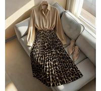 Abito lungo elegante da ufficio autunno inverno da donna con stampa leopardata e pieghe, abito casual con bottoni e maniche lunghe per il pendolarismo, stile marrone chiaro L,M,S,XLPianteTessuto intre
