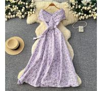 Abito Lungo Elegante Donna Con Cintura Gioiello Rosa Lilla Romantico CF67762