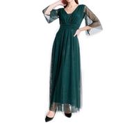 Abito lungo elegante donna da cerimonia maniche a 3/4 e scollo a V.Taglia unica regolabile. Ideale per matrimoni, eventi e feste. - Made in Italy (IT, Testo, S, M, Regular, Regular, Verde bosco)