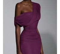 Abito lungo elegante e aderente in maglia viola con un solo spallino, arricciato e decorato, adatto per matrimoni, eventi formali, abito da damigella d'onore L,M,S,XL,XS,XXL,XXS,XXXL,XXXXLColore unico