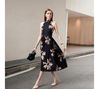 Abito lungo elegante e alla moda personalizzato con spalline, senza maniche, orlo stampato, pieghe, cintura in vita e laccio sulla schiena, abito nero elegante da donna L,M,S,XSFloreale,Piante,stampa