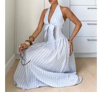 Abito lungo elegante e casual da donna, a righe verticali blu e bianche, con scollo a V profondo, collo alla halter, fiocco davanti, allacciatura sulla schiena, vita arricciata, linea ad A, adatto per