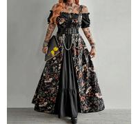 Abito lungo elegante e casual in stile retrò e punk, con occhielli e lacci, stile dark princess, scollo a spalle scoperte, a-line, colorblock, taglie comode, adatto per l'estate 0XL,1XL,2XL,3XL,4XLBar