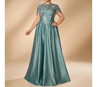 Abito lungo elegante e lussuoso taglie forti, grigio verde, con paillettes elastiche, patchwork in raso, scollo tondo, maniche corte, vita media, plissettato, linea ad A, adatto per matrimoni, eventi,