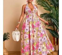 Abito lungo elegante e sexy con scollo ad altalena e stampa floreale, motivo floreale casuale, adatto per vacanze in taglia comoda 0XL,1XL,2XL,3XLPianteTessuto intrecciato