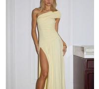 Abito lungo elegante giallo da donna con arricciature e monospalla, abito aderente sexy con spacco sulla coscia per feste, invitati a matrimoni, Y2K, autunno L,M,S,XSColore unicoTessuto