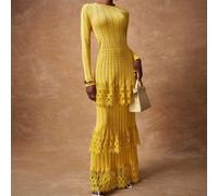 Abito lungo elegante in maglia con maniche lunghe, patchwork in pizzo giallo tenue, autunnale da donna, in crochet color senape, stile boho, per feste, tè, vacanze e come ospite a un matrimonio L,M,SC