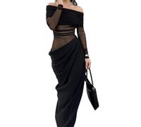 Abito Lungo Elegante Patchwork in Rete per Donna Abito da Festa Sottile Trasparente Sexy con Spalle Scoperte Abito da Vacanza A Maniche Lunghe alla Moda Autunnale,Nero,M