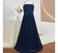 Abito lungo elegante per ragazze per la stagione dei matrimoni, con spalline sottili, patchwork in pizzo, chiffon plissettato, vita stretta e gonna ampia, adatto per ballo, esibizione, festa di comple