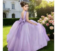 Abito lungo elegante per ragazze pre-adolescenti in tulle viola chiaro con fiocco e perle finte, adatto per matrimoni, abiti da principessa, balli, feste di compleanno, abiti da sposa, cerimonie di la