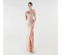 Abito Lungo Elegante Rosa Cipria Da Cerimonia Con Spalline E Spacco CF61283