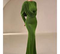 Abito lungo elegante verde, liscio e lucido, aderente - caratteristiche: scollo drappeggiato, design con cappuccio, orlo a sirena, ideale per damigella, matrimonio, tè pomeridiano, celebrazioni di Cap