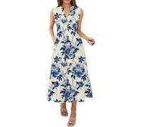 Abito Lungo Estate Donna Elegante Relaxed Goffrato Abiti Stile Impero Cocktail Da Sera E Cerimonia Stile Boemo A-Line, blu, S