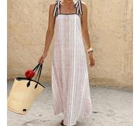 Abito lungo estivo casual da vacanza con dettagli a contrasto e lacci annodati, vestito a canottiera casual francese a righe, design con fiocco, vestibilità morbida e fluente, nuovo stile per vacanze 