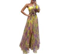 Maxi abito estivo da donna, monospalla - Elegante abito estivo in rete a strati con spacco a strati, decorazione con nodo floreale, abito da sera plissettato per cocktail, spiaggia, matrimoni, ospiti