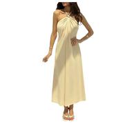Abito lungo estivo da donna alla moda, senza schienale e senza maniche, seducente abito senza spalline con scollo all'americana e pieghe, perfetto per la spiaggia e le vacanze. (Champagne,s)