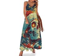 Abito Lungo Estivo da Donna, Casual, Sexy, Senza Maniche, per Le Vacanze, Lungo, con Teschio Natalizio e Arte psichedelica