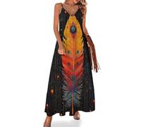 Abito Lungo Estivo da Donna, Casual, Sexy, Senza Maniche, per Le Vacanze, Lungo, Estivo, Geometrico, Stile Nativo del Sud-Ovest, con Piume