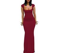 Abito Lungo Estivo da Donna, con Maniche ad Aletta, Scollo Quadrato, Elegante, Casual, Aderente, Aderente, Maxi Abito da Sera, Borgogna, M