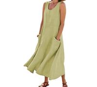 Abito lungo estivo da donna, in cotone e lino, senza maniche, elegante, con tasche, taglie forti, comodo e largo, Matcha, 3XL