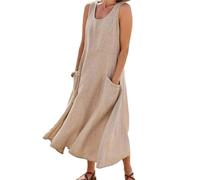 Abito lungo estivo da donna, in cotone e lino, senza maniche, elegante, con tasche, taglie forti, comodo e largo, cachi, 4XL