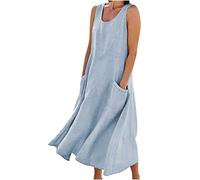Abito lungo estivo da donna in cotone e lino, senza maniche, elegante, fluido, taglie forti, comodo abito con tasche