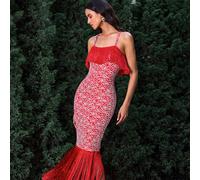 Abito lungo estivo da donna rosso con frange e schiena scoperta, sottili spalline a spaghetti, elegante per feste, vacanze, Natale e come ospite a un matrimonio L,M,S,XSPianteTessuto in maglia