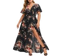 Abito Lungo Estivo Donna Vestito Elegante Vestiti Casual Cerimonia con Spacco Mare Scollo a V Stampa Floreale Manica Corta in Vita Aderente Abiti Maxi Curvy Sexy Prendisole Eleganti Comodo Cocktail