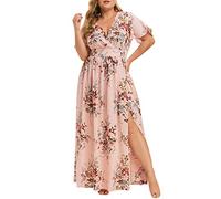Abito Lungo Estivo Donna Vestito Elegante Vestiti Casual Cerimonia con Spacco Mare Scollo a V Stampa Floreale Manica Corta in Vita Aderente Abiti Maxi Curvy Sexy Prendisole Eleganti Comodo Cocktail