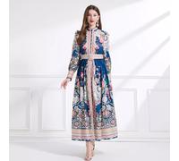 Abito Lungo Fantasia Blu Con Balze Eleganti E Maniche A Lanterna CF41432