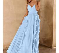 Abito lungo fino a terra con orlo a volant, pieghettato, schiena scoperta, romantico, da vacanza L,M,S,XSColore unicoChiffon