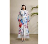 Abito Lungo Floreale Bianco Elegante Con Cintura In Vita Cerimonia CF51890