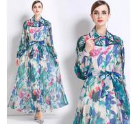 Abito Lungo Floreale Elegante Con Cintura E Colletto Camicia Per Eventi CF51375