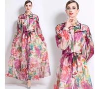 Abito Lungo Floreale Rosa Con Colletto Camicia E Cintura Da Cerimonia CF51374