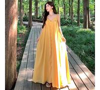 Abito Lungo Giallo Scollo A V Spalline Sottili Estivo Stile Vacanza CF48047