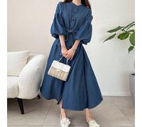 Abito lungo in denim elegante e casual per ragazze adolescenti, con design a bottoni e maniche a lanterna, abito autunnale, pantaloncini eleganti e semplici di colore unito, abiti autunnali e invernal