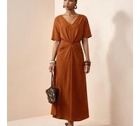 Abito lungo in lino marrone ampio con scollo a V, maniche corte e vita plissettata, stile basic versatile e casual, adatto per primavera/estate, festival musicali, Pasqua, San Patrizio, San Valentino,