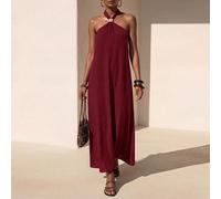 Abito lungo in lino marrone con design arricciato, decorazione metallica e scollo alla halter, adatto per primavera/estate, festival musicali, Pasqua, San Patrizio, San Valentino, appuntamenti, stile 
