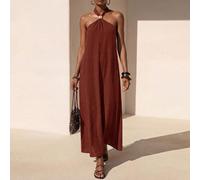 Abito lungo in lino marrone con design arricciato, decorazione metallica e scollo alla halter, adatto per primavera/estate, festival musicali, Pasqua, San Patrizio, San Valentino, appuntamenti, stile