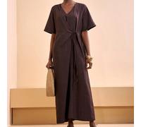 Abito lungo in lino marrone con scollo a V, maniche corte, vita annodata, vestito avvolgente elegante da donna, adatto per festival musicali primaverili/estivi, Pasqua, San Patrizio, San Valentino, ap