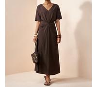 Abito lungo in lino marrone, scollo a V, maniche corte, arricciatura in vita, stile versatile, adatto per primavera/estate, festival musicali, Pasqua, San Patrizio, San Valentino, appuntamenti, stile 
