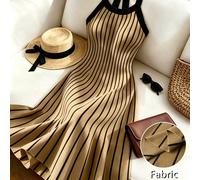 Abito lungo in maglia a righe verticali, stile elegante, intellettuale e minimalista, adatto per la primavera/estate, per occasioni casual, pendolarismo, vacanze, picnic. Con fiocco al collo e vita sv