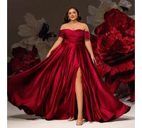 Abito lungo in raso bordeaux con spalle scoperte, vita arricciata e spacco alto, abito lungo da donna per occasioni formali e serali, abito da ballo, elegante, abito elegante oversize, abito formale c