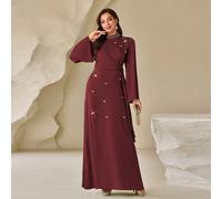 Abito lungo in raso elegante da donna con colletto alla coreana, decorato con perle, con laccio laterale. Questo stile è attillato, si consiglia alle donne con seno abbondante di scegliere una taglia 