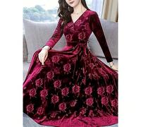 Abito lungo in velluto rosso goffrato da donna: scollo a V, maniche lunghe, design con fiocco, che esalta il fascino elegante per banchetti e feste L,M,S,XL,XXLStampa CasualeTessuto in maglia