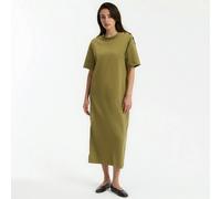 Abito lungo jersey, bottoni sulla spalla Verde L Tinta unita