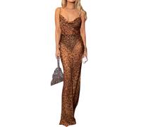 Abito Lungo Leopardato Donna Elegante da Cocktail Senza Spacco e Schienale, Maniche da Sera, Vestito Sexy per Festa (Leopard Print, L)